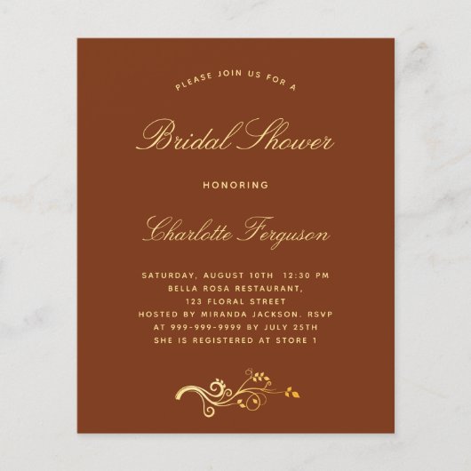 燃えたオレンジ色の錆のブライダルシャワー予算の招待 (正面)