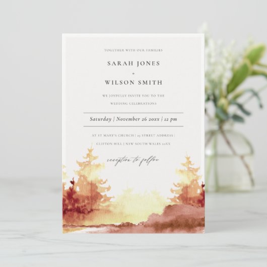 燃えたオレンジ色の黄色の秋の木々の結婚式の招待 サンキューカード (スタンド正面)