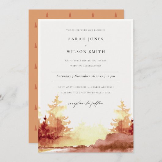 燃えたオレンジ色の黄色の秋の木々の結婚式の招待 サンキューカード (正面/裏面)
