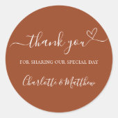 燃えたオ感謝していレンジのハート結婚の ラウンドシール (正面)