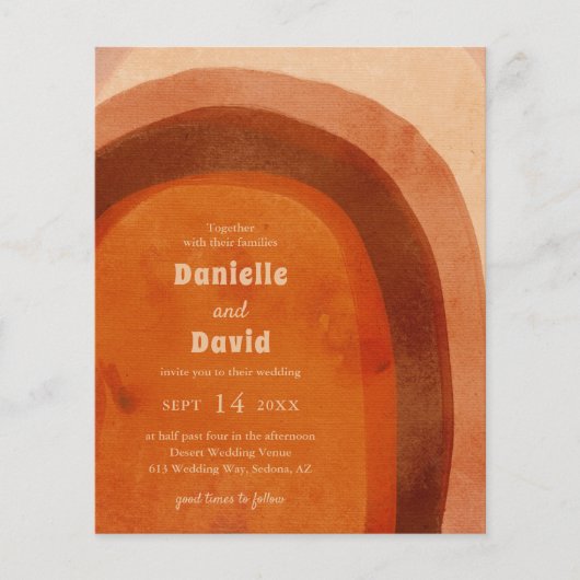 燃えた素朴オレンジ色の写真の予算の結婚式の招待 (正面)