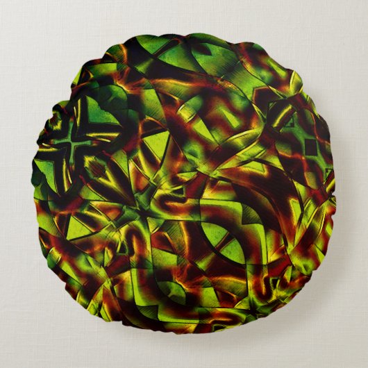 燃えた緑のリボンの変形した結び目 ラウンドクッション (正面)
