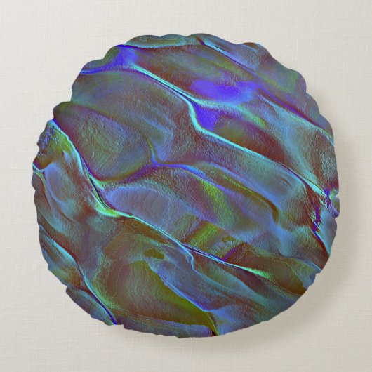 燃えた青い緑のサテン色のデジタルロック ラウンドクッション (正面)