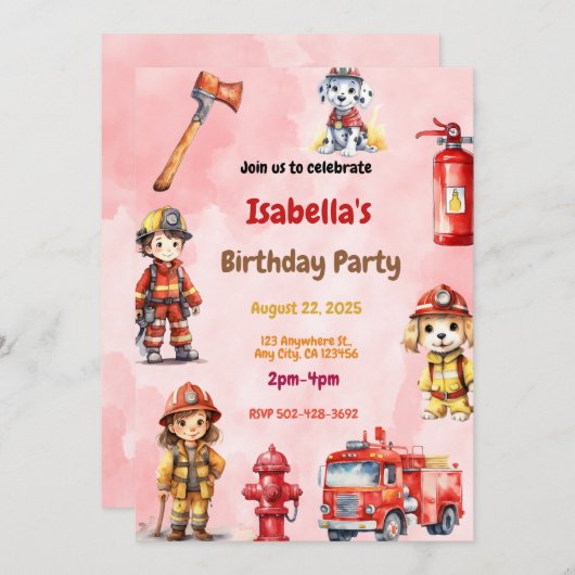 燃えるおもしろい:消防車の誕生日パーティーの招待状 招待状 (正面/裏面)