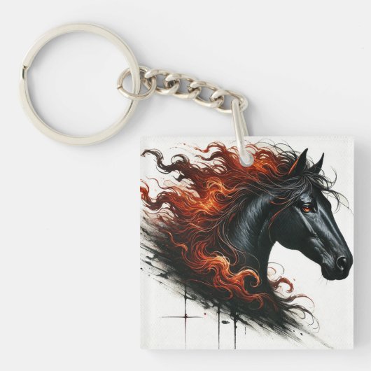燃えるたてがみを持つ漆黒の馬 キーホルダー (正面)