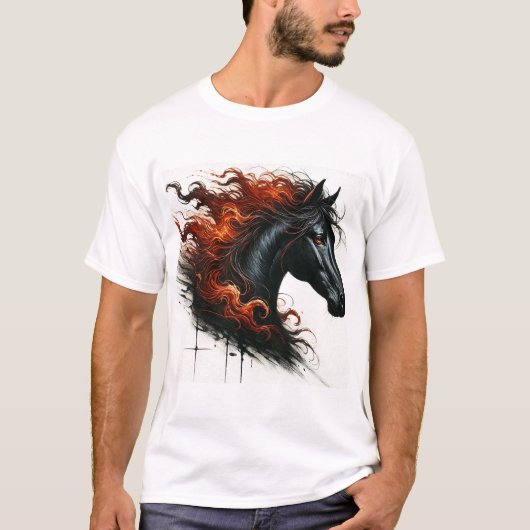 燃えるたてがみを持つ漆黒の馬 Tシャツ (正面)