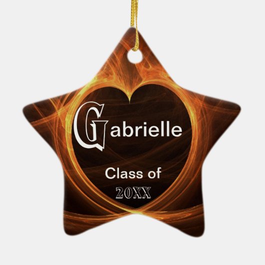 燃えるようなオレンジ写真のハートの卒業の記念品 セラミックオーナメント (裏面)