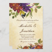 燃えるようなオレンジ色と紫の花の秋のクリスチャンウェディング 招待状 (正面/裏面)