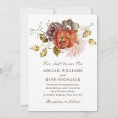 燃えるようなオレンジ色のブッシュ ゴールド フローラル キリスト教の結婚式 招待状 (正面)