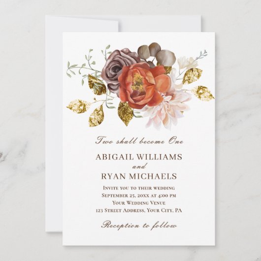 燃えるようなオレンジ色のブッシュ ゴールド フローラル キリスト教の結婚式 招待状 (正面)