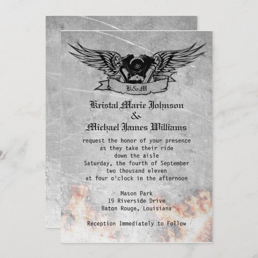 燃えるようなバイクもしくは自転車に乗る人の結婚式 招待状 (正面/裏面)