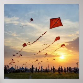 燃えるような夕焼けの凧 - 祭りのシルエット ポスター