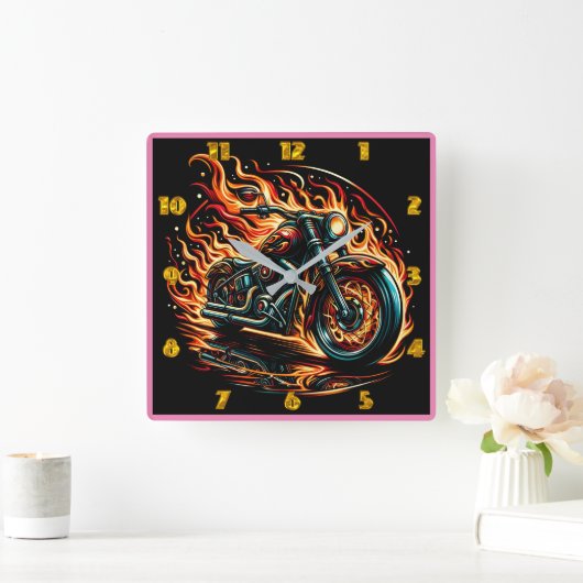 燃えるような夜を通して燃えるようなオートバイ スクエア壁時計 (ホーム)