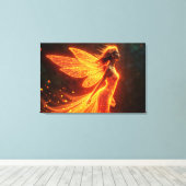 燃えるような妖精の女の子の赤い輝く翼かわいい魔法ネオン キャンバスプリント (インサイチュ (ウッドフロア))