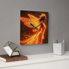 燃えるような妖精の女の子の赤い輝く翼かわいい魔法ネオン スクエア壁時計