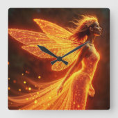 燃えるような妖精の女の子の赤い輝く翼かわいい魔法ネオン スクエア壁時計 (正面)