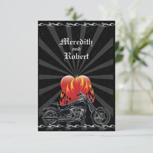 燃えるような愛バイクもしくは自転車に乗る人の結婚式の応答カード 出欠カード (スタンド正面)