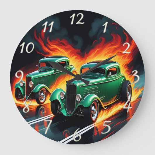 燃えるような日没のハイウェイで熱い棒をレースする ラージ壁時計 (正面)
