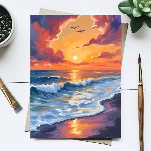 燃えるような海の夕焼けの波の海景画 ポストカード
