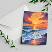 燃えるような海の夕焼けの波の海景画 ポストカード