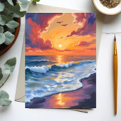 燃えるような海の夕焼けの波の海景画 ポストカード