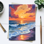燃えるような海の夕焼けの波の風景画カード