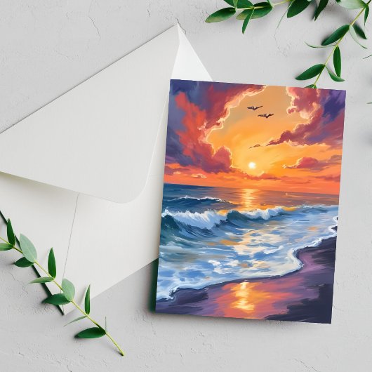 燃えるような海の夕焼けの波の風景画カード