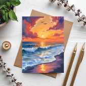 燃えるような海の夕焼けの波の風景画カード