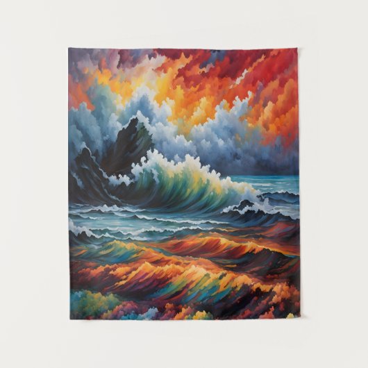 燃えるような海洋嵐 - 抽象的な海景画アート タペストリー (正面)