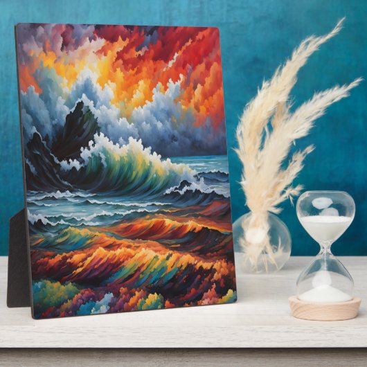 燃えるような海洋嵐 - 抽象的な海景画アート フォトプラーク (側面)