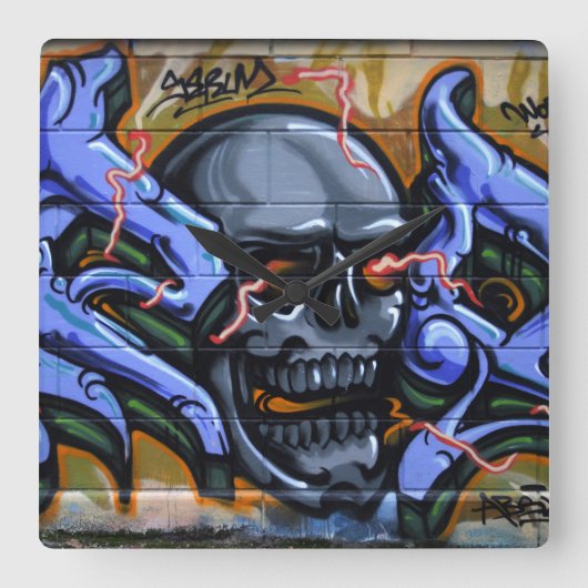 燃えるような目をした恐ろしいスカル スクエア壁時計 (正面)