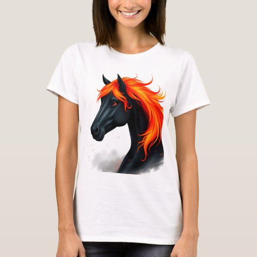 燃えるような赤いたてがみを持つ黒馬 Tシャツ (正面)