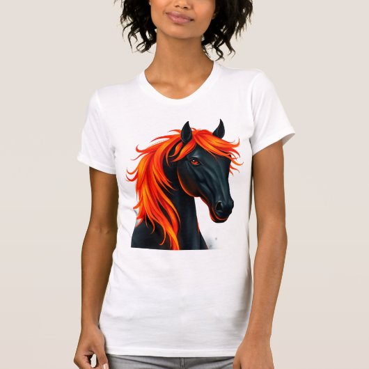 燃えるような赤いたてがみを持つ黒馬 Tシャツ (正面)