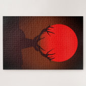 燃えるような赤い夕日と鹿のシルエット ジグソーパズル (横)