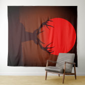 燃えるような赤い夕日と鹿のシルエット タペストリー (インサイチュ(横))