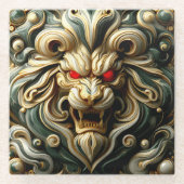 燃えるような赤い目をした強力な金ゴールドライオン ガラスコースター (正面)