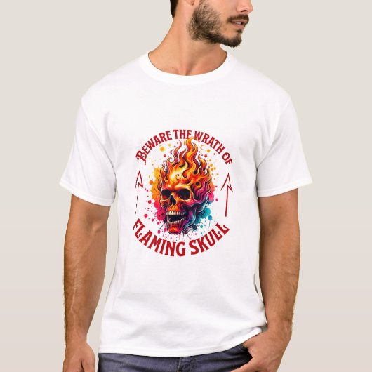 燃えるスカルの怒りに注意 Tシャツ (正面)