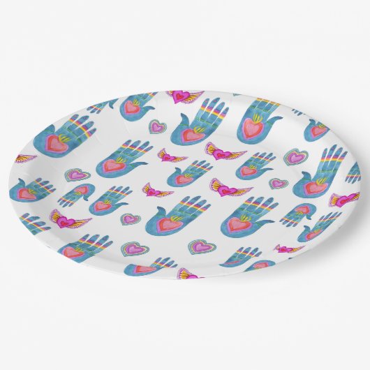 燃えるハート&ハンズウォーターカラーバレンタイン愛 ペーパープレート (アングル)