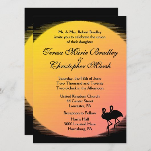 燃える夕日と結婚式のイブニング 招待状 (正面/裏面)