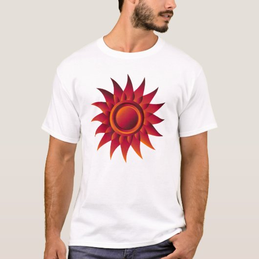 燃える太陽爆発のエンブレム - 赤、オレンジ、黄色の放射 Tシャツ (正面)