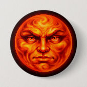 燃える溶岩の顔の真っ赤な神秘的なボタン バッジ (正面)