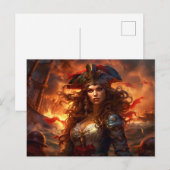 燃える船を前に描かれた女性海賊のファンタジー画 ポストカード (正面/裏面)
