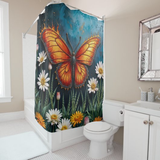 燃える蝶の明るい炎の（昆虫）オオカバマダラ、モナークウイングアート シャワーカーテン (インサイチュ)