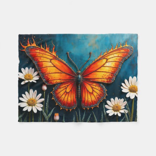 燃える蝶の明るい炎の（昆虫）オオカバマダラ、モナークウイングアート フリースブランケット (正面(横))
