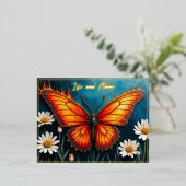 燃える蝶の明るい炎の(昆虫)オオカバマダラ、モナークウイングアート 箔シーズンポストカード (立ち正面)