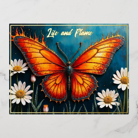 燃える蝶の明るい炎の(昆虫)オオカバマダラ、モナークウイングアート 箔シーズンポストカード (正面)