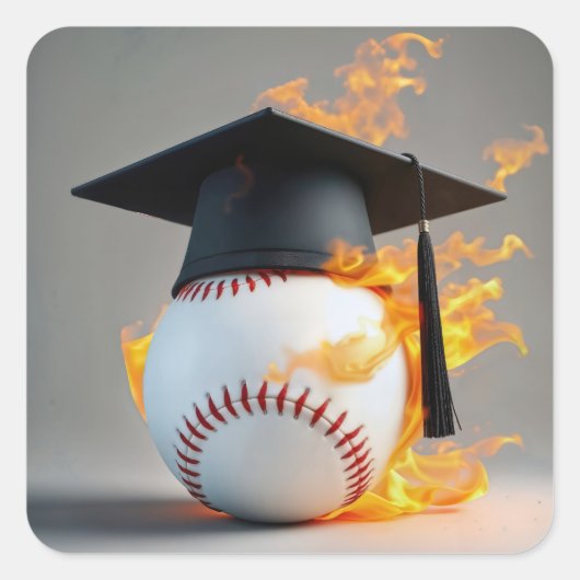 燃える野球の黒い卒業キャップ スクエアシール (正面)