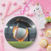 燃える野球の黒い卒業キャップ ペーパープレート (パーティー)