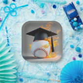 燃える野球の黒い卒業キャップ ペーパープレート (パーティー)