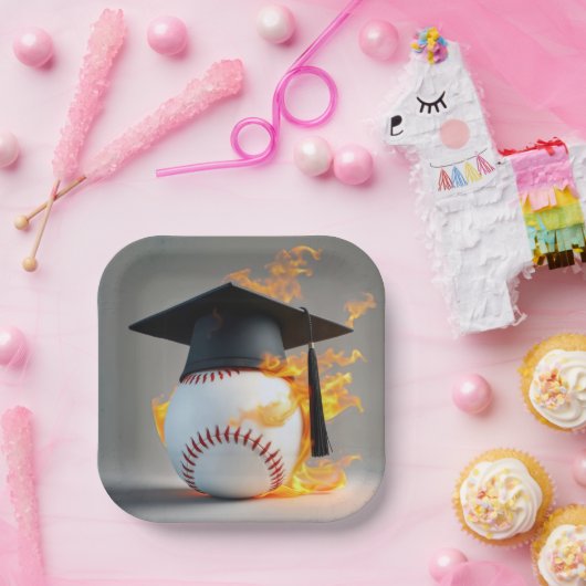 燃える野球の黒い卒業キャップ ペーパープレート (パーティー)